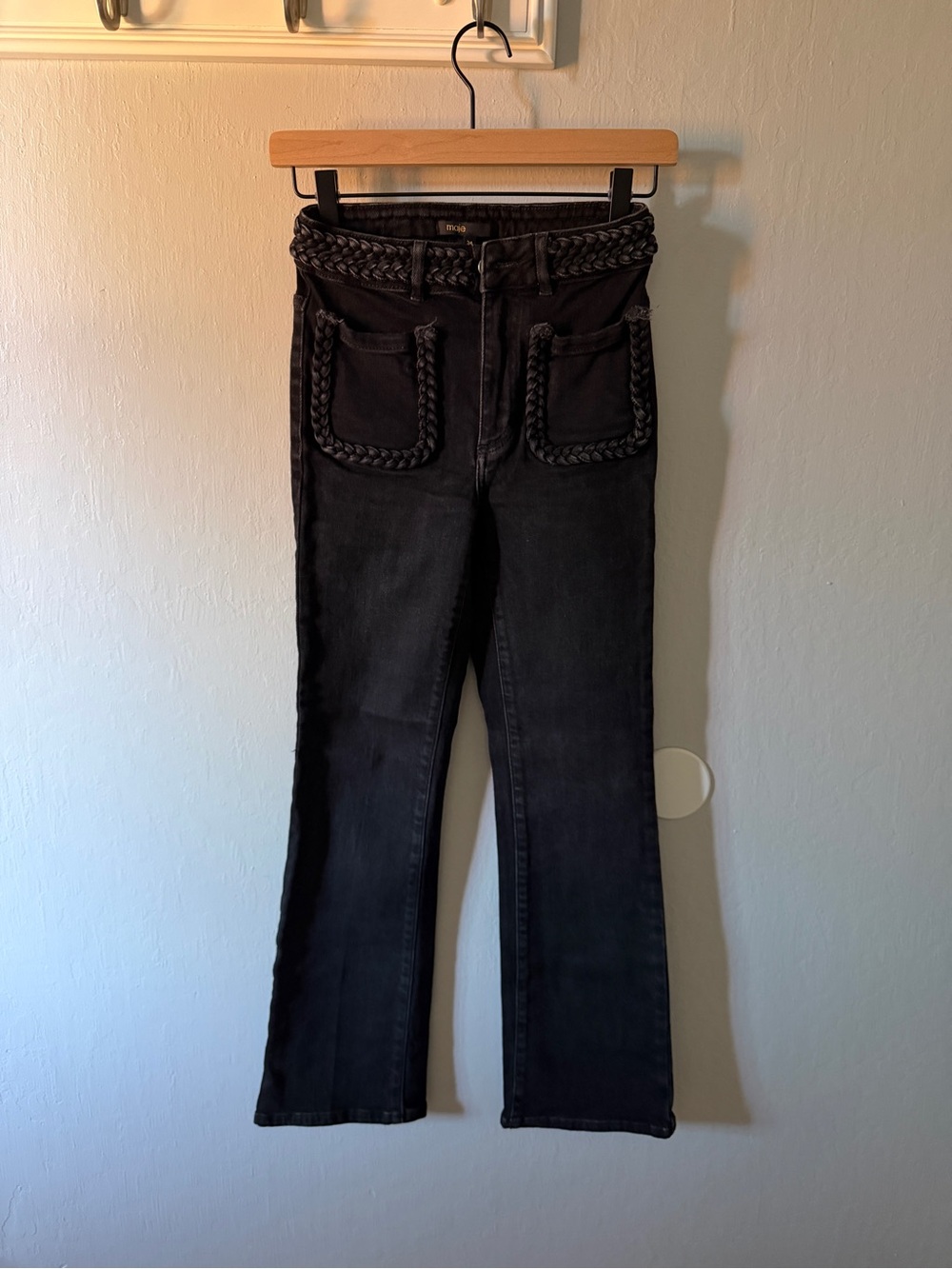 Maje Black Flared Jeans with Braided Waist and Pocket Trim